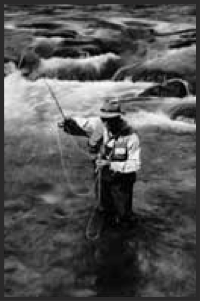 A man standing in the grass holding a fishing pole.